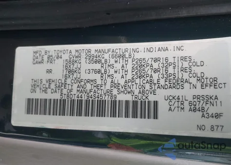 2004 Toyota Tundra Sr5 V8 из США, поврежденный, VIN 5TBDT44194S457789